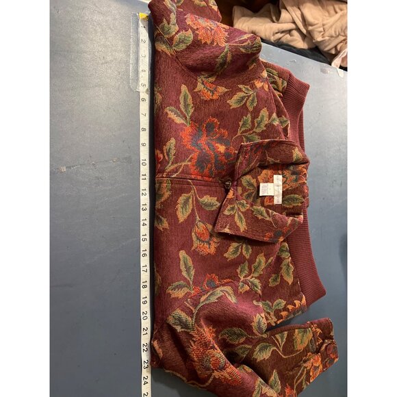 Susan Graver Style Floral Jacket Large Zip Front Burgundy Ribbed Hem & Cuffs - Picture 8 of 10